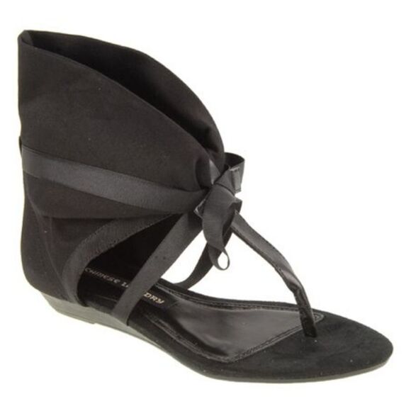 New Chinese Laundry Black Twill Sudoku Sandal Open Toe strap semi-wedge NIB 6.5 - Picture 1 of 6